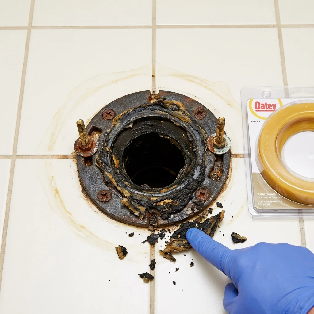 Failed wax ring showing water seepage at the base of a toilet in a Rockport, TX home