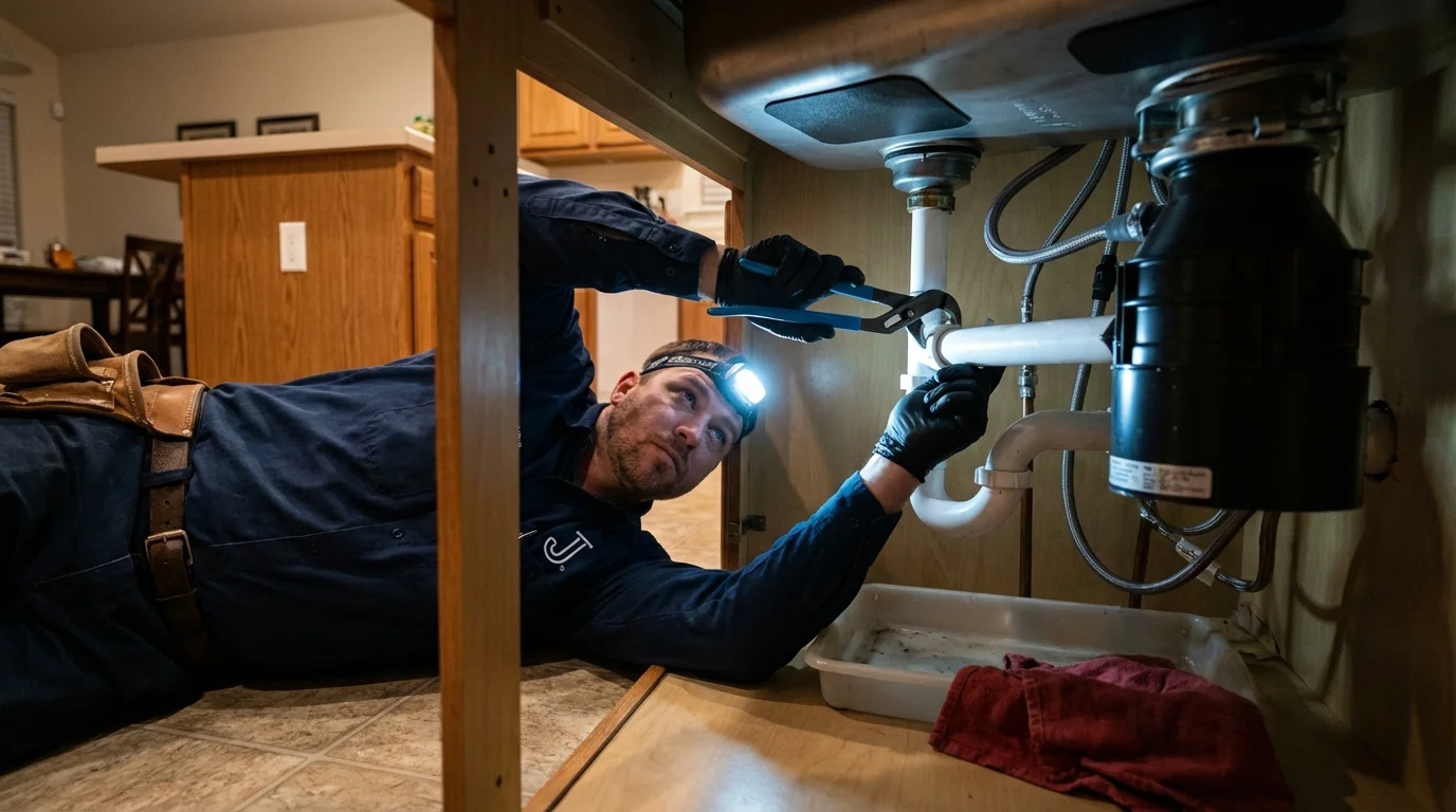 P-trap and supply line connections under a kitchen sink showing a common leak point in Rockport, TX